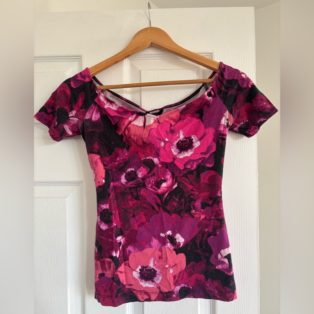 Guess Floral Off-Shoulder Top, Size XS/S, Pink and Purple - Picture 2 of 5